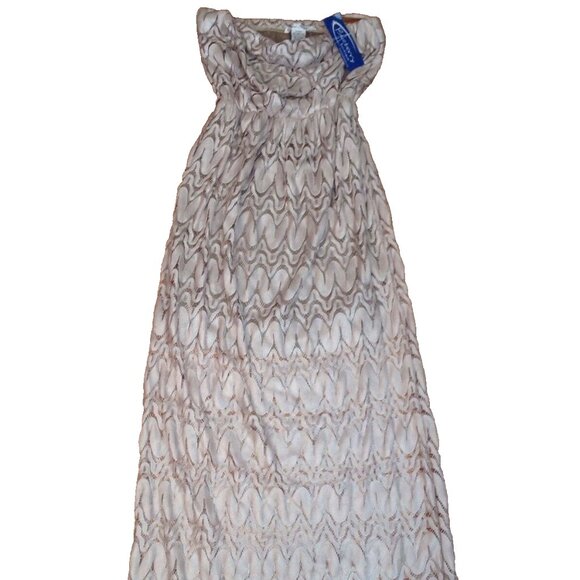 SANS SOUCI STRAPLESS SHEER LACE MAXI DRESS WOMENS S BEIGE LINED POLYESTER BOHO - Picture 1 of 12